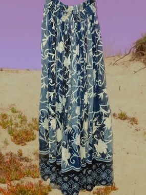 Vintage Angie 100% Rayon Blue Floral Boho Maxi Skirt